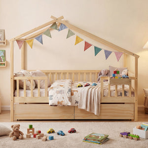 Full Size House Bed with Roof and Fence Rails for Kid-Natural view 6