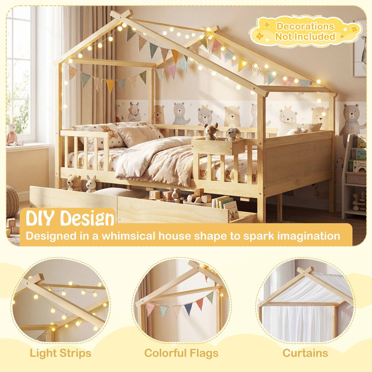 Full Size House Bed with Roof and Fence Rails for Kid-Natural view 7