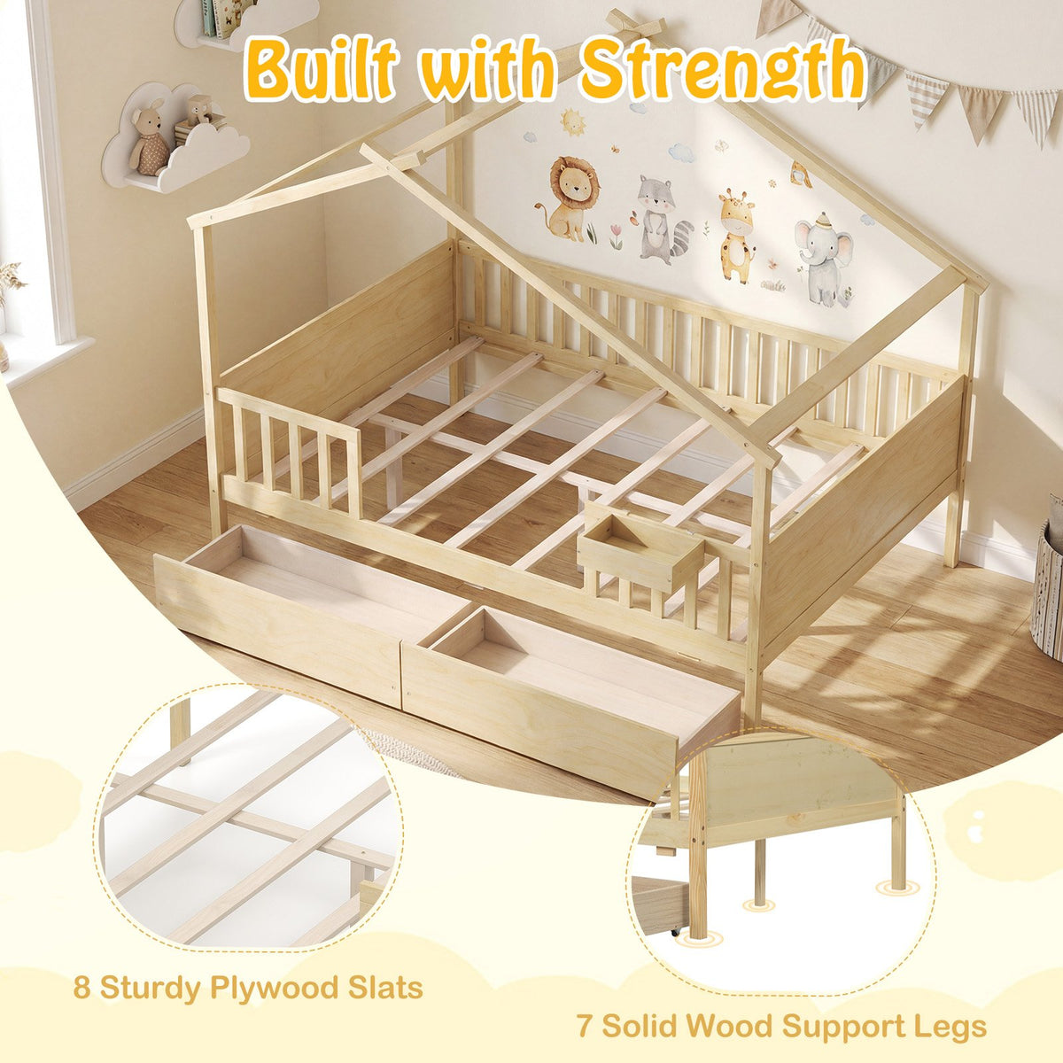 Full Size House Bed with Roof and Fence Rails for Kid-Natural view 9
