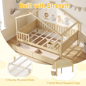 Full Size House Bed with Roof and Fence Rails for Kid-Natural view 9