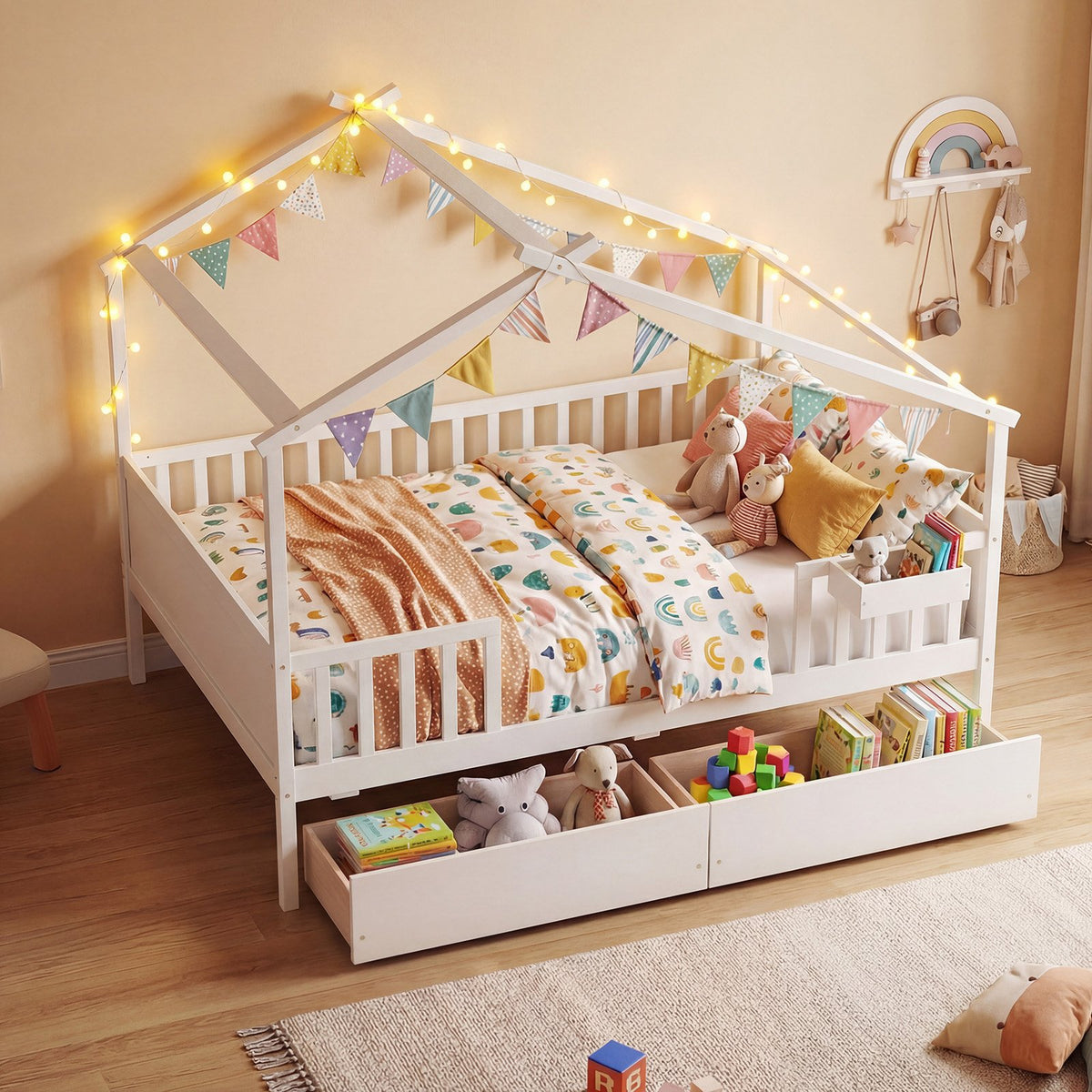 Full Size House Bed with Roof and Fence Rails for Kid-White view 2