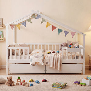Full Size House Bed with Roof and Fence Rails for Kid-White view 4