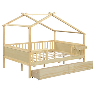 Full Size House Bed with Roof and Fence Rails for Kid-White view 6