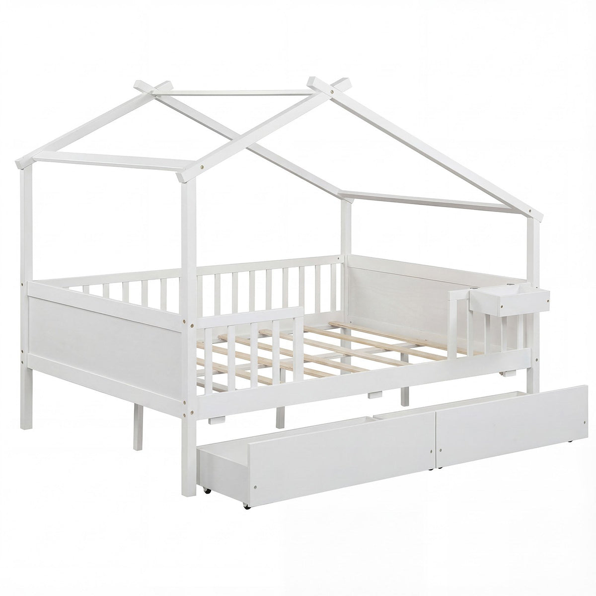 Full Size House Bed with Roof and Fence Rails for Kid-White view 7