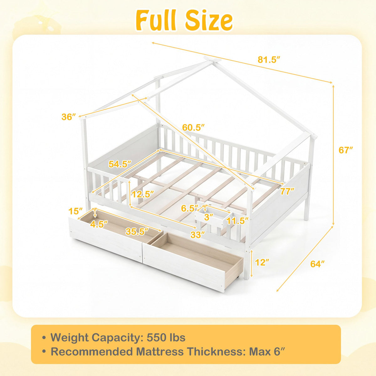 Full Size House Bed with Roof and Fence Rails for Kid-White view 8