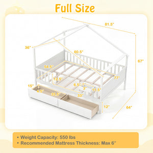 Full Size House Bed with Roof and Fence Rails for Kid-White view 8