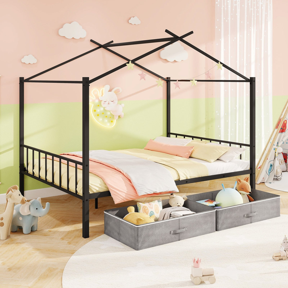 Full Size Metal House Bed with 2 Fabric Drawers for Kids-Black view 2