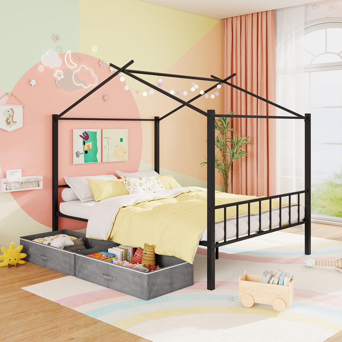Full Size Metal House Bed with 2 Fabric Drawers for Kids-Black view 4