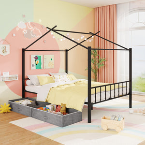 Full Size Metal House Bed with 2 Fabric Drawers for Kids-Black view 4