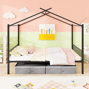 Full Size Metal House Bed with 2 Fabric Drawers for Kids-Black view 5