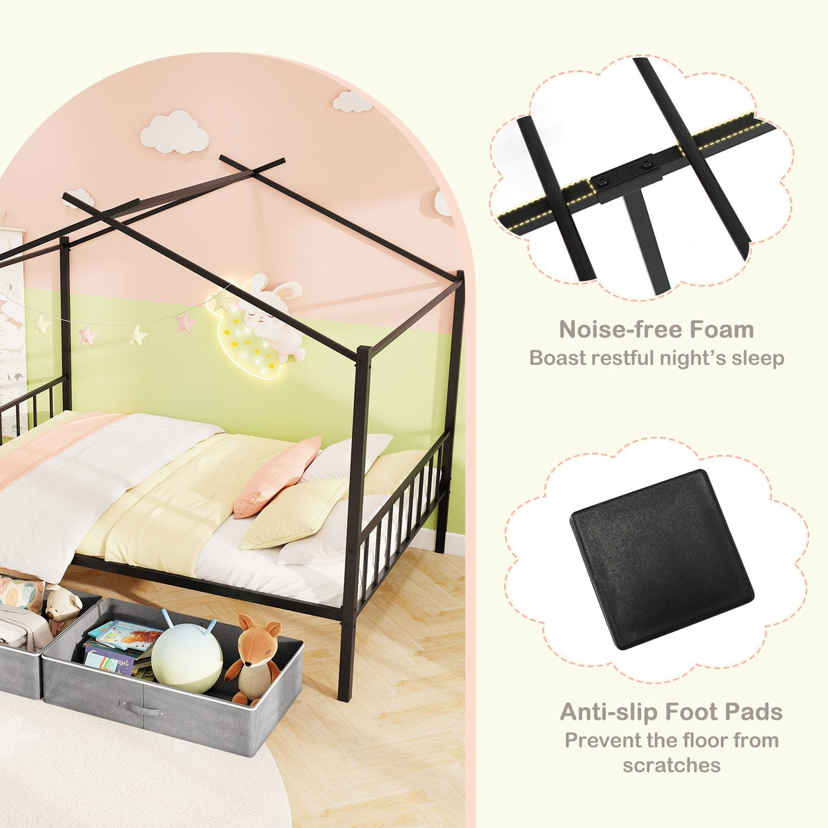 Full Size Metal House Bed with 2 Fabric Drawers for Kids-Black view 6