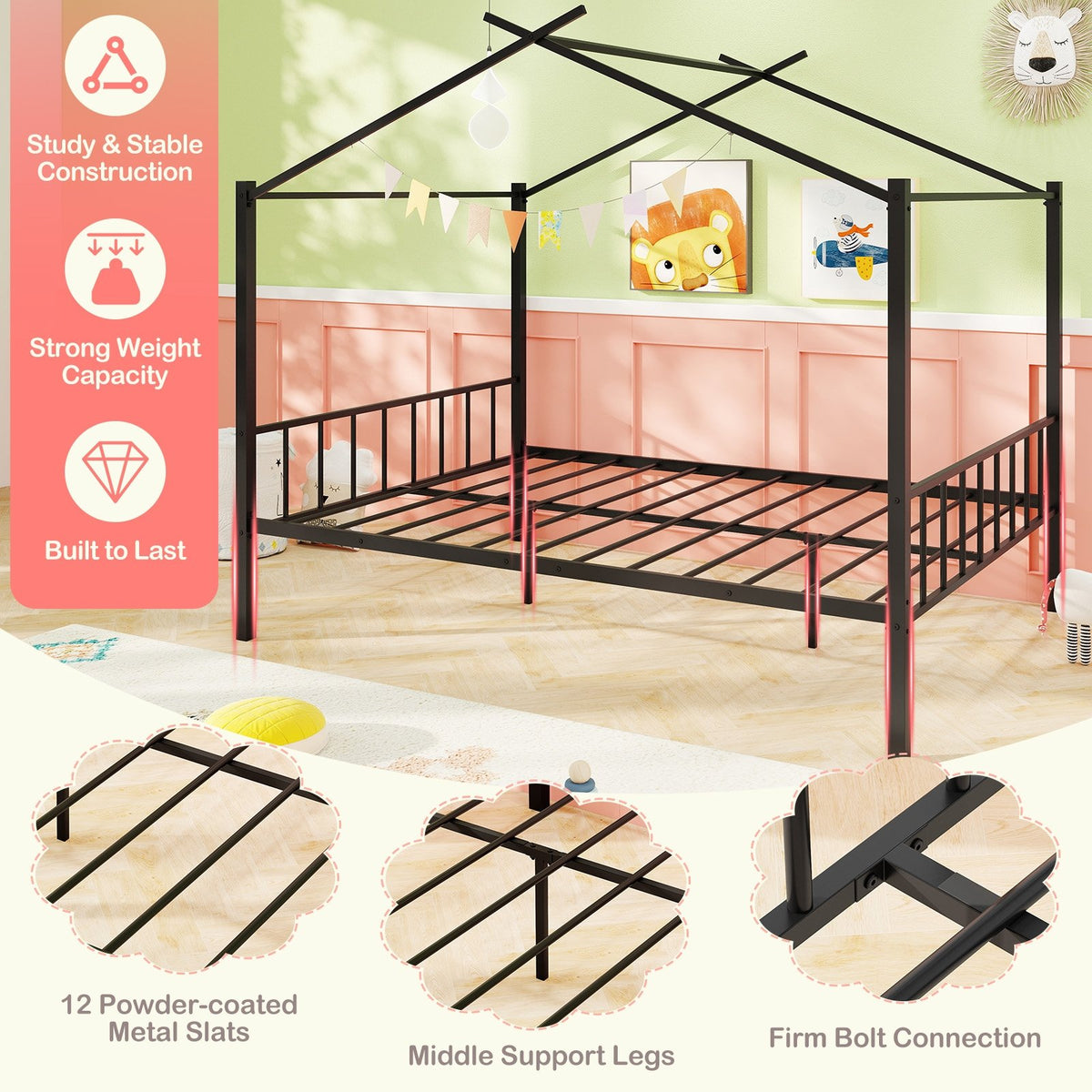 Full Size Metal House Bed with 2 Fabric Drawers for Kids-Black view 7