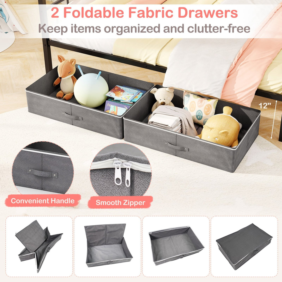 Full Size Metal House Bed with 2 Fabric Drawers for Kids-Black view 9