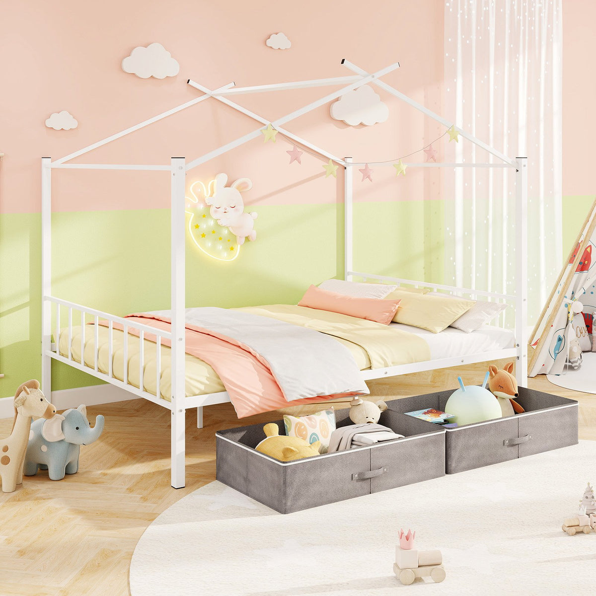Full Size Metal House Bed with 2 Fabric Drawers for Kids-White view 2