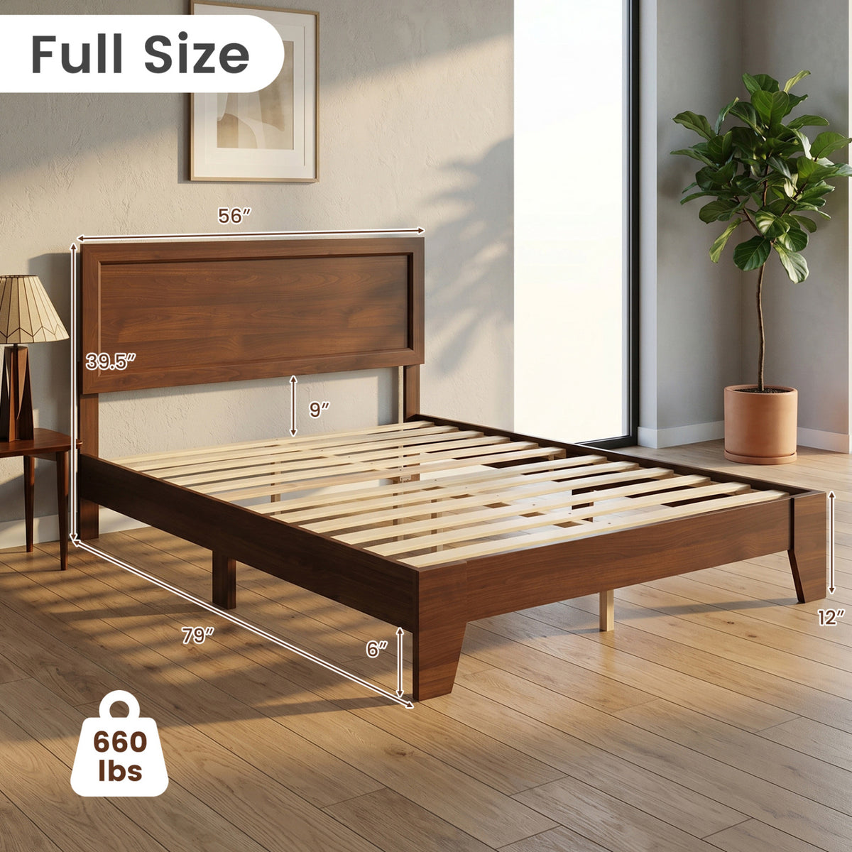 Full Size Modern Bed Frame with Headboard No Box Spring Needed-Walnut view 4