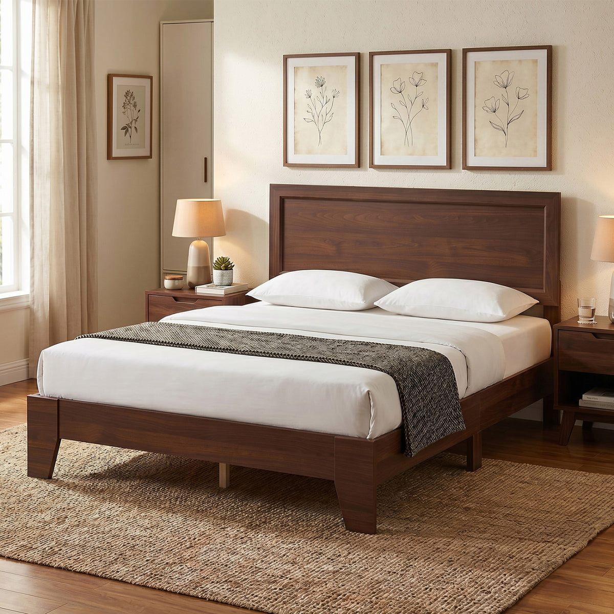 Full Size Modern Bed Frame with Headboard No Box Spring Needed-Walnut view 5