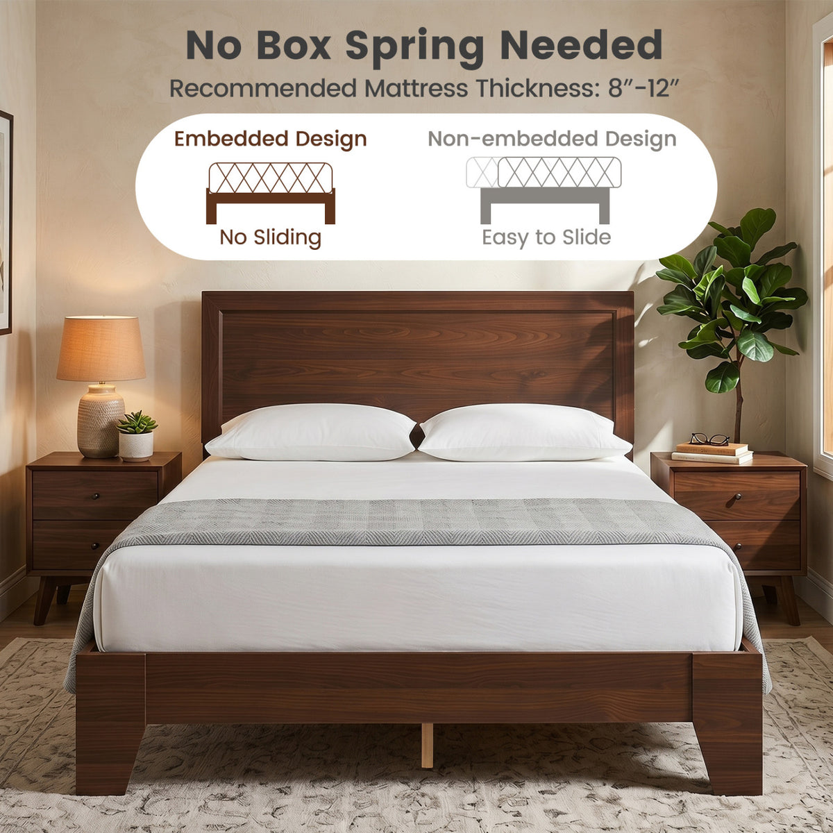 Full Size Modern Bed Frame with Headboard No Box Spring Needed-Walnut view 8