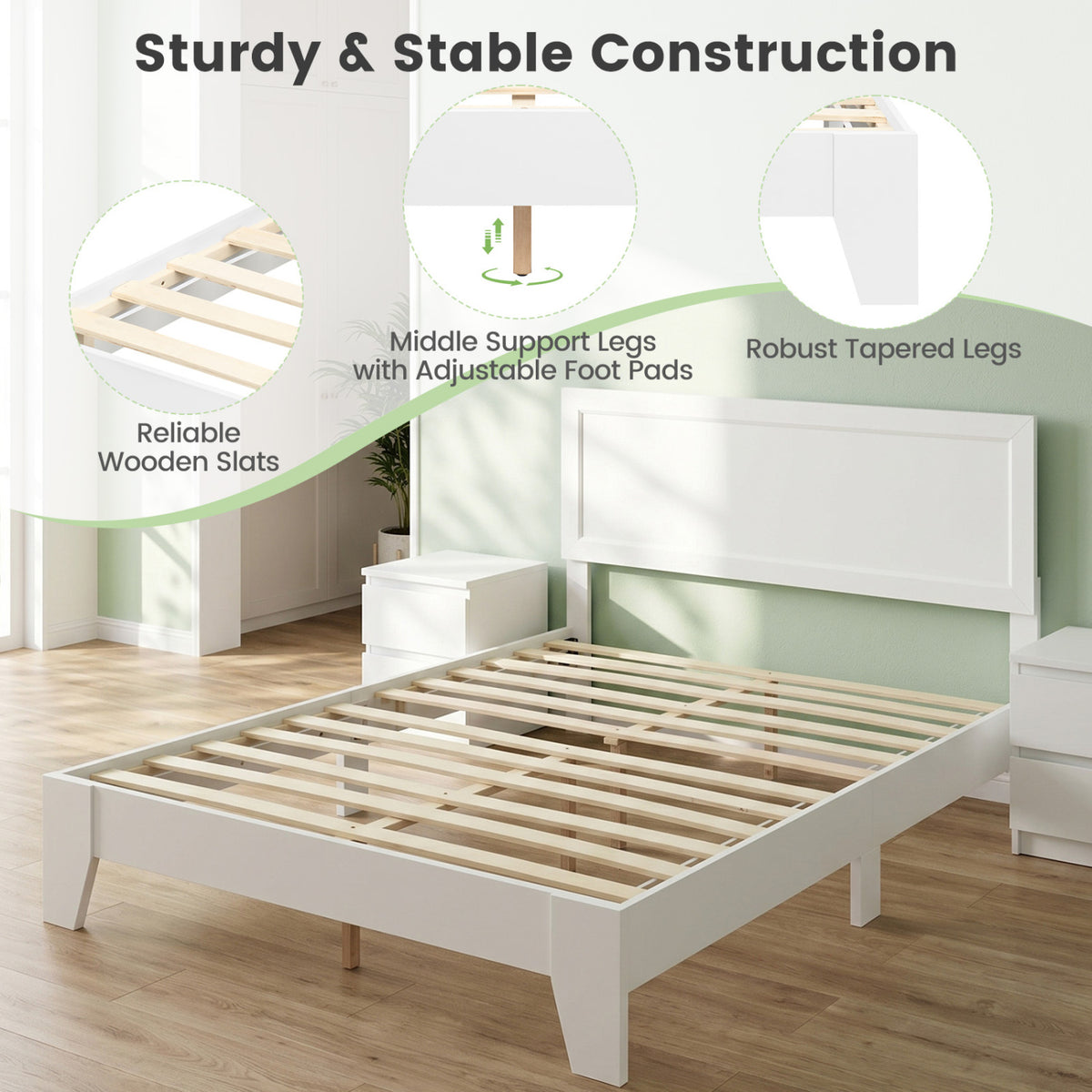 Full Size Modern Bed Frame with Headboard No Box Spring Needed-White view 7