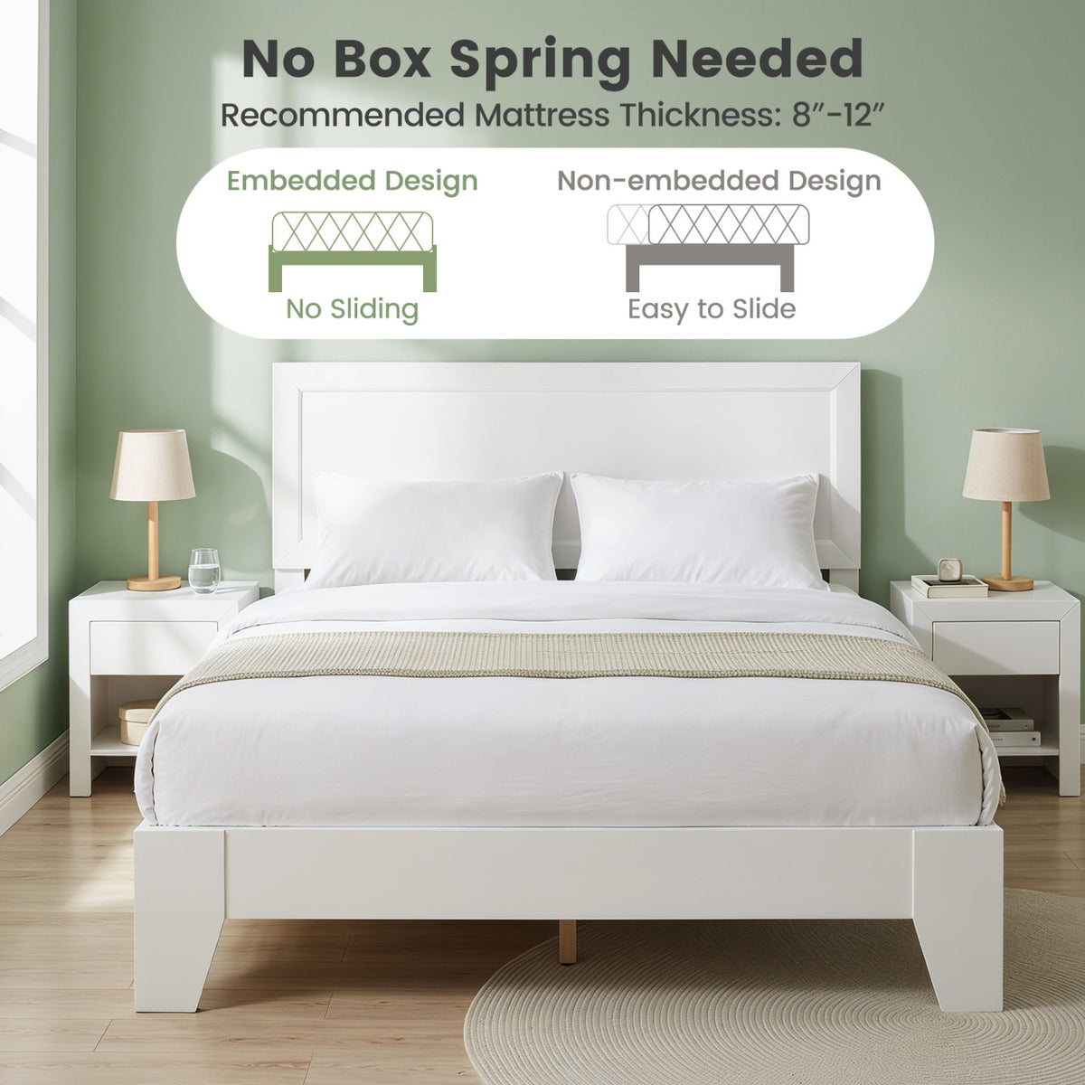 Full Size Modern Bed Frame with Headboard No Box Spring Needed-White view 9
