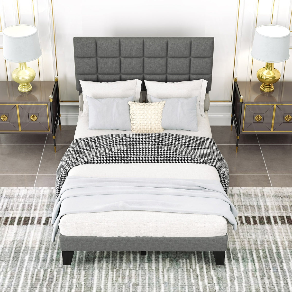 Full Size Modern Linen Bed Frame with Adjustable Headboard-Gray view 3