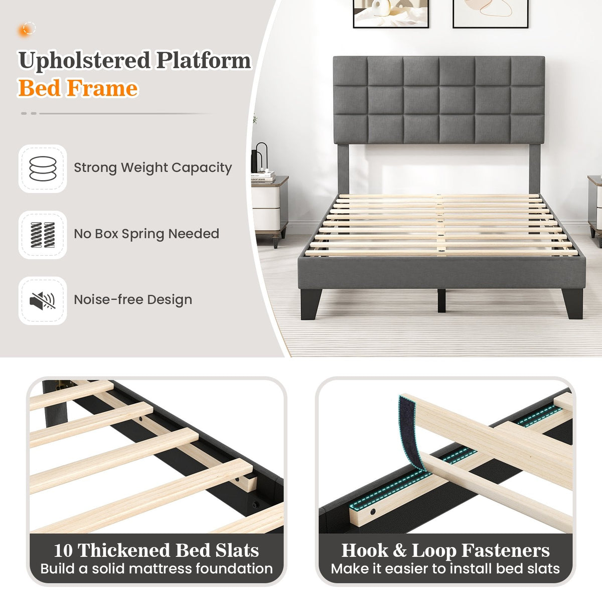 Full Size Modern Linen Bed Frame with Adjustable Headboard-Gray view 5