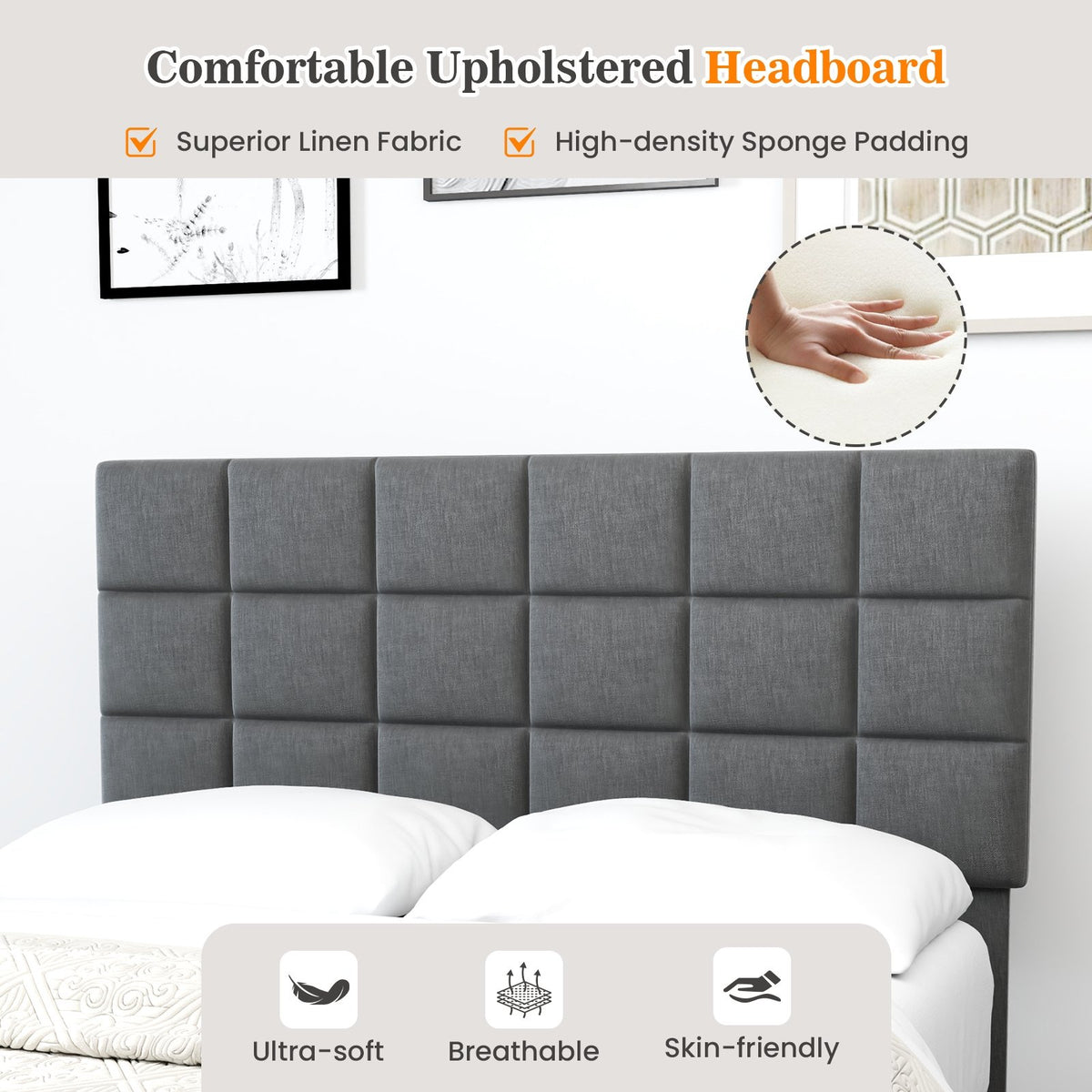 Full Size Modern Linen Bed Frame with Adjustable Headboard-Gray view 6