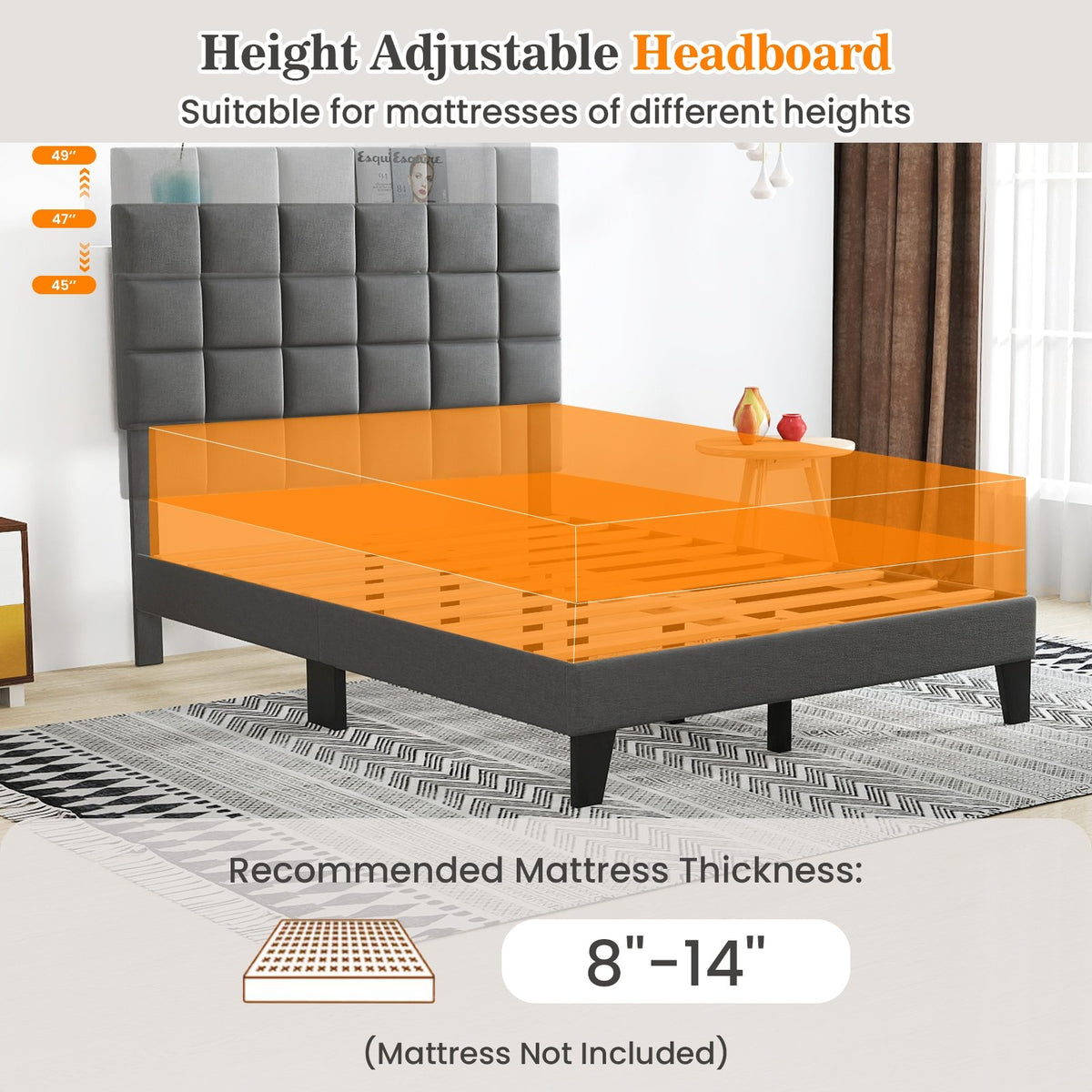 Full Size Modern Linen Bed Frame with Adjustable Headboard-Gray view 8