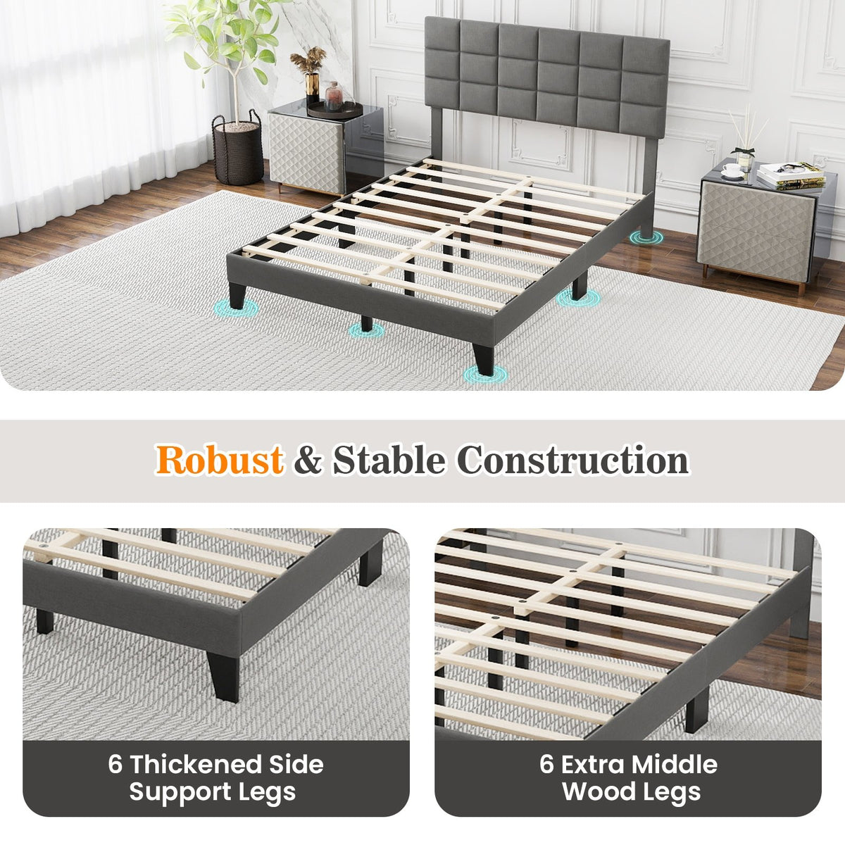 Full Size Modern Linen Bed Frame with Adjustable Headboard-Gray view 9