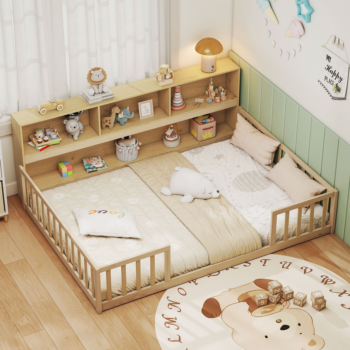 Full Size Montessori Floor Bed with Bookcase-Natural view 2