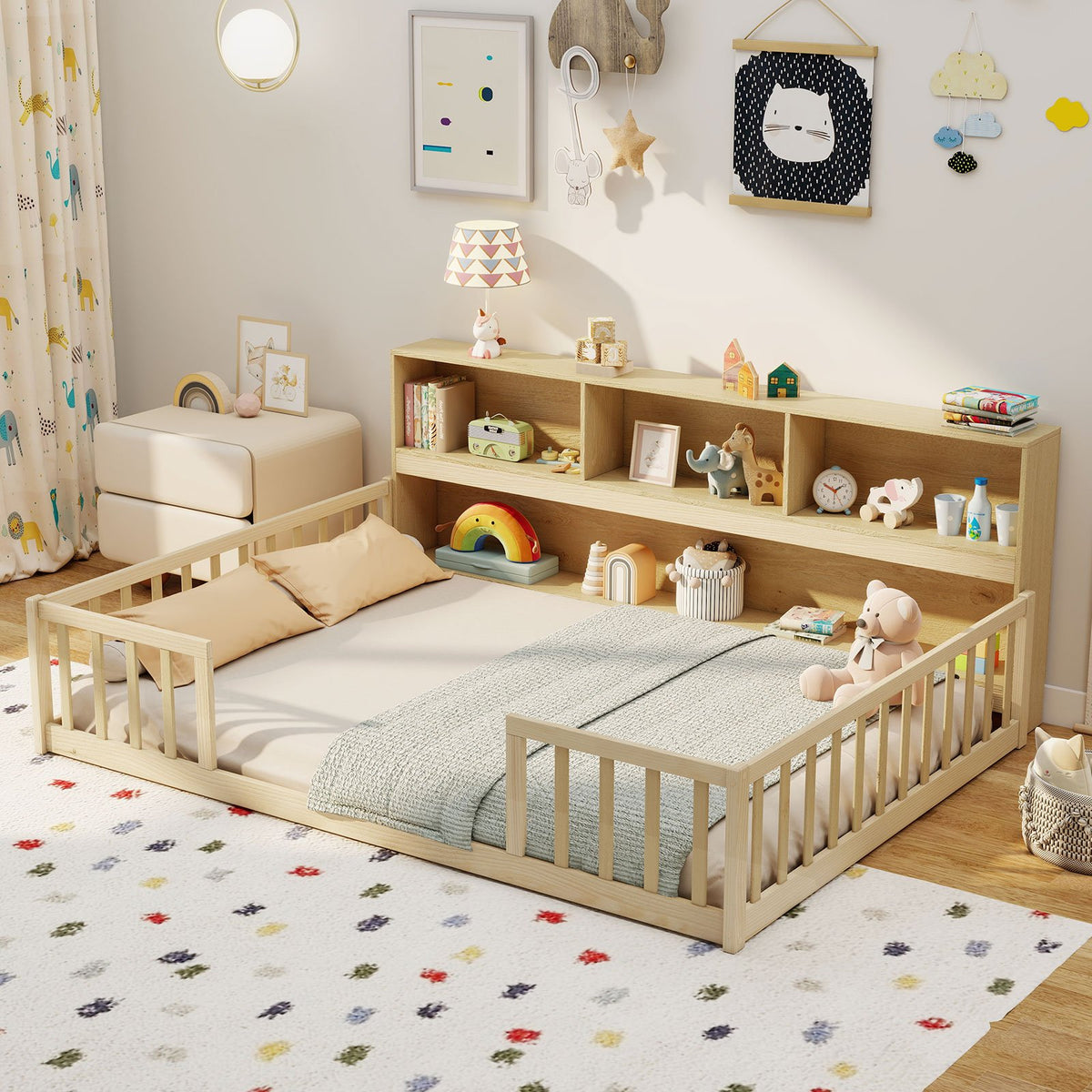 Full Size Montessori Floor Bed with Bookcase-Natural view 3