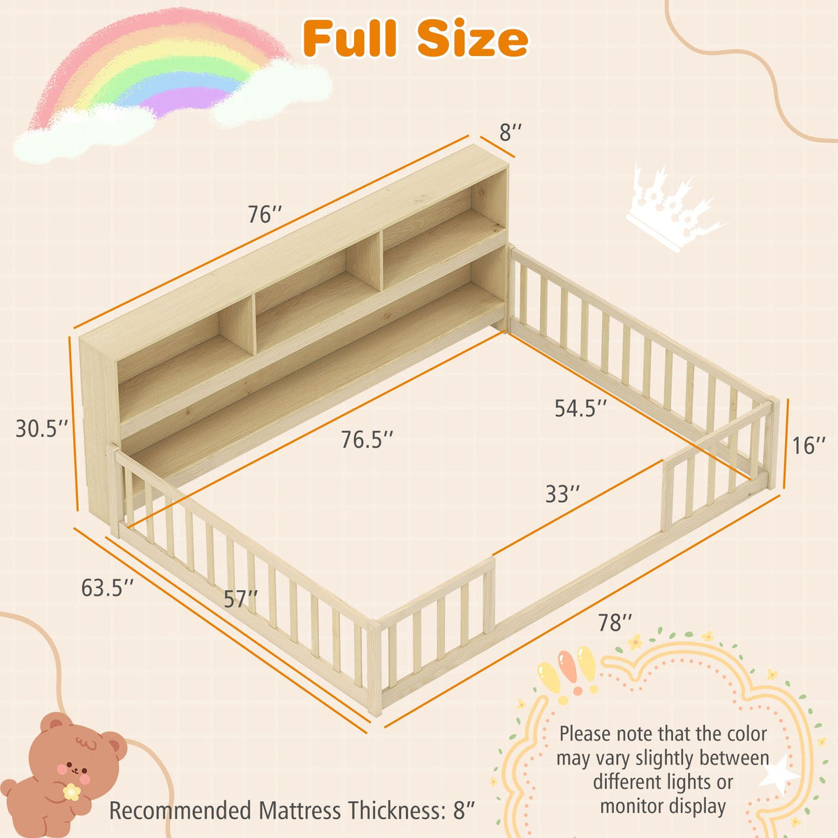 Full Size Montessori Floor Bed with Bookcase-Natural view 4