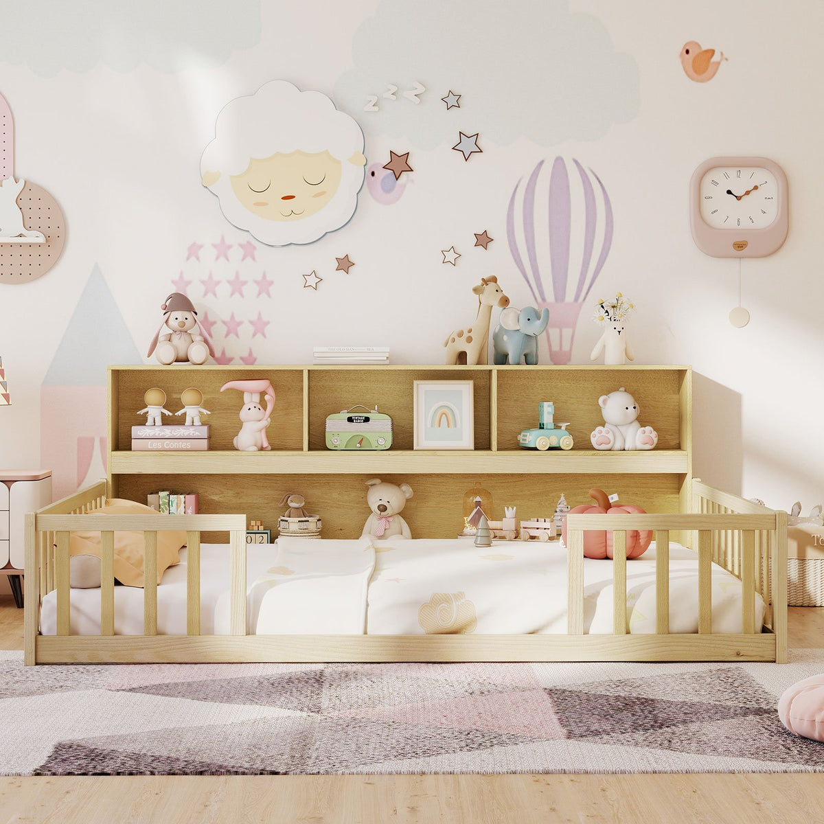 Full Size Montessori Floor Bed with Bookcase-Natural view 5