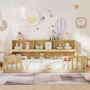 Full Size Montessori Floor Bed with Bookcase-Natural view 5