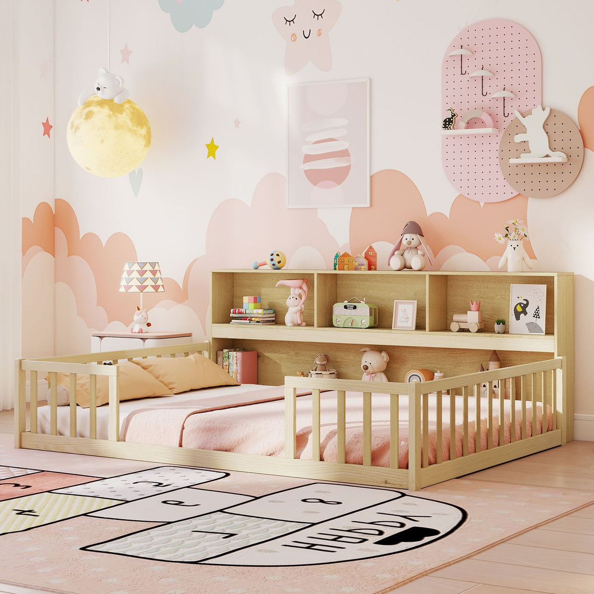 Full Size Montessori Floor Bed with Bookcase-Natural view 6