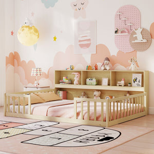 Full Size Montessori Floor Bed with Bookcase-Natural view 6