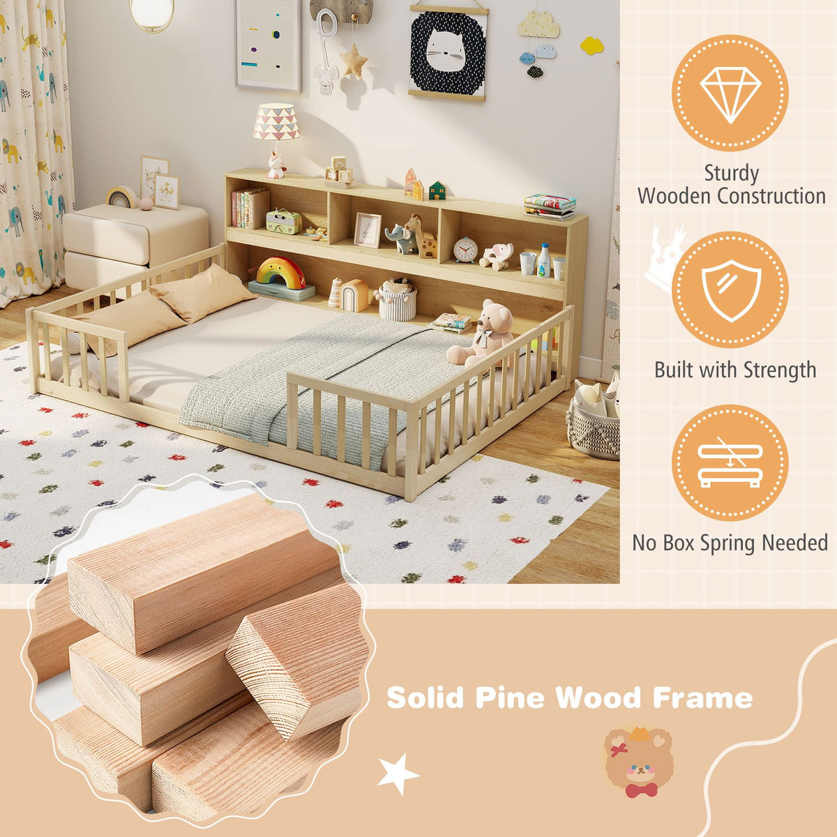 Full Size Montessori Floor Bed with Bookcase-Natural view 7