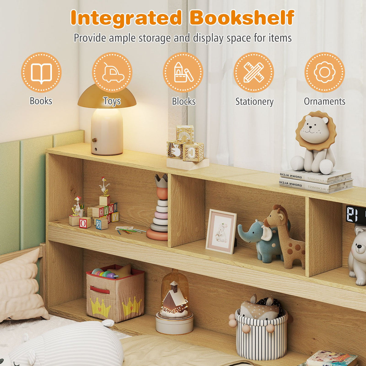 Full Size Montessori Floor Bed with Bookcase-Natural view 8