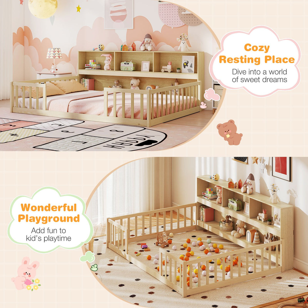 Full Size Montessori Floor Bed with Bookcase-Natural view 9