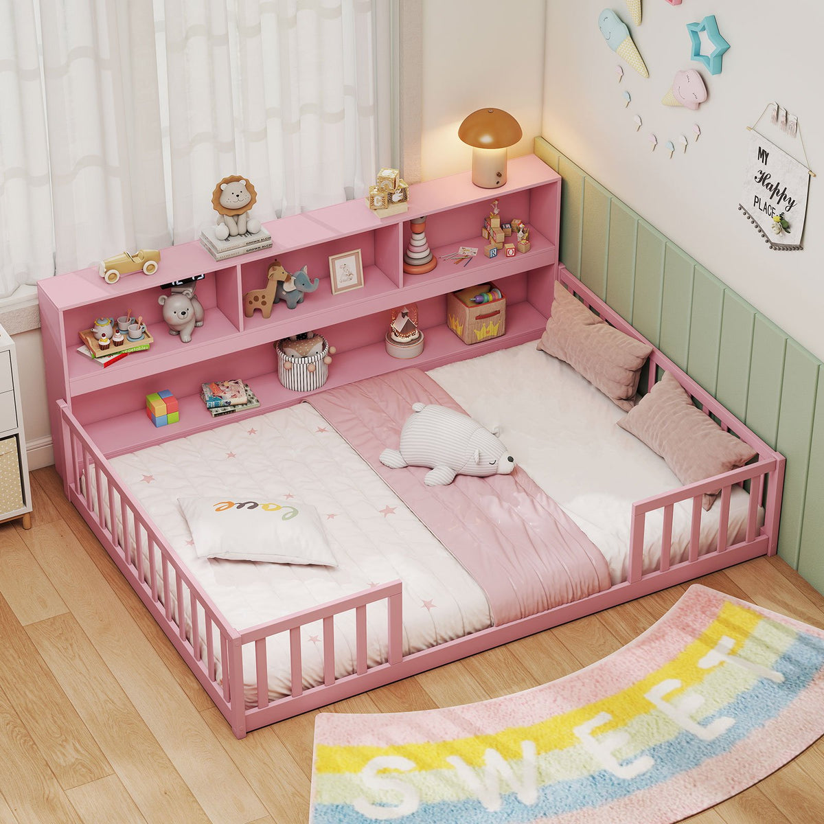 Full Size Montessori Floor Bed with Bookcase-Pink view 2