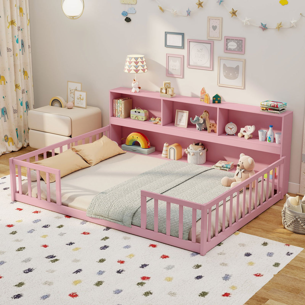 Full Size Montessori Floor Bed with Bookcase-Pink view 3