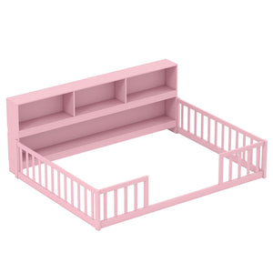 Full Size Montessori Floor Bed with Bookcase-Pink view 4