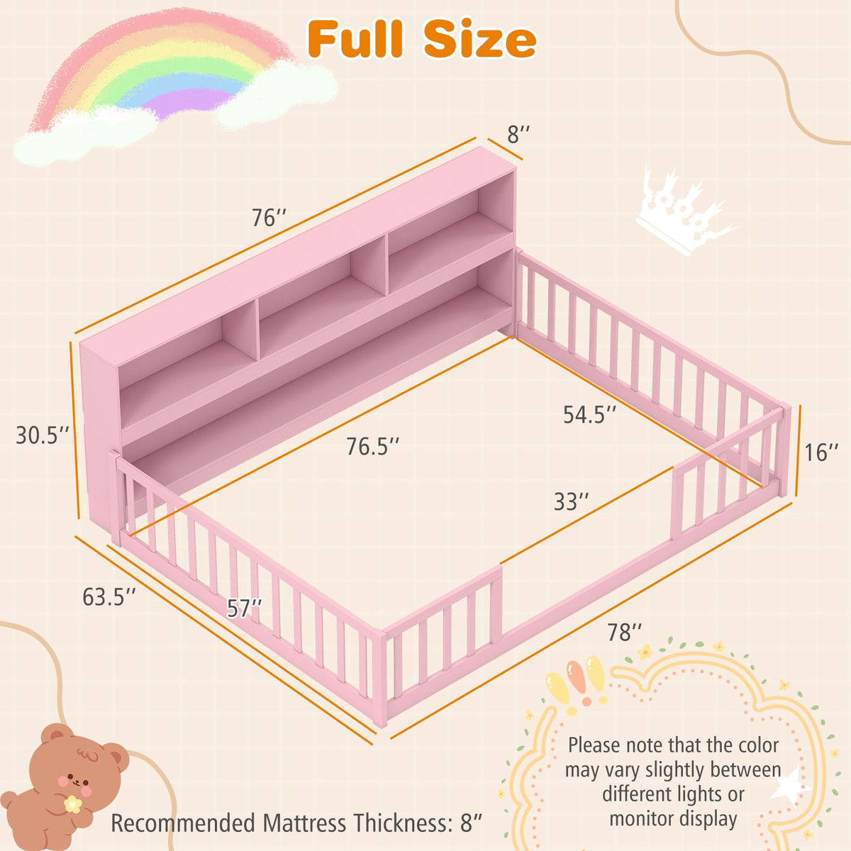 Full Size Montessori Floor Bed with Bookcase-Pink view 5