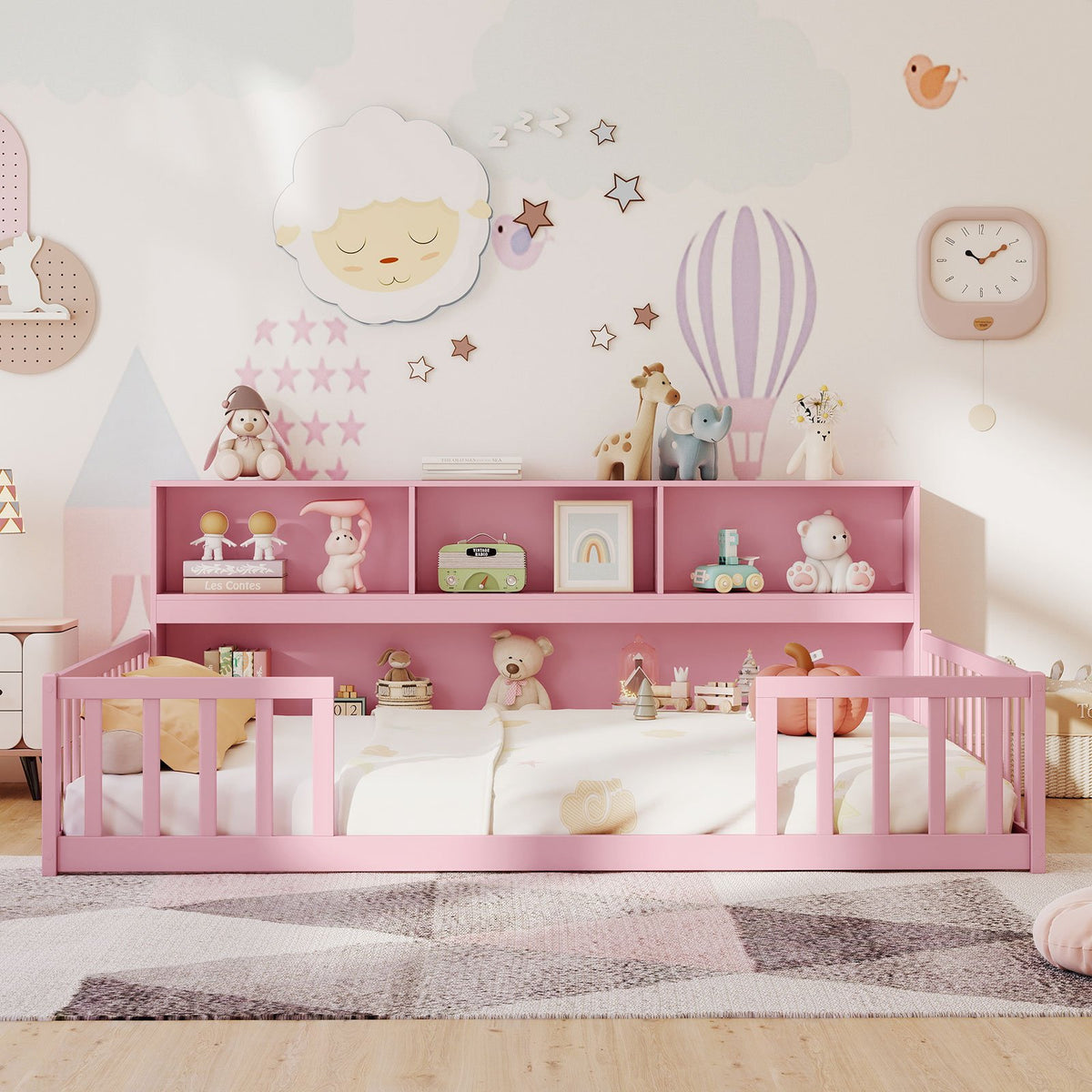 Full Size Montessori Floor Bed with Bookcase-Pink view 6