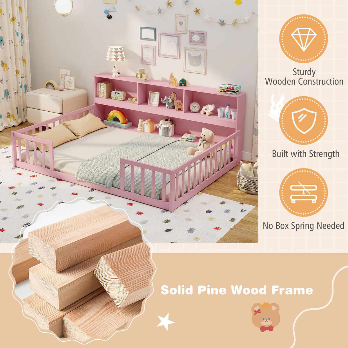 Full Size Montessori Floor Bed with Bookcase-Pink view 7
