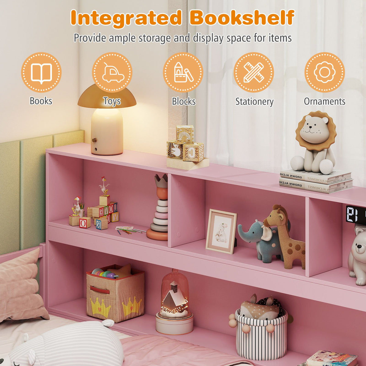Full Size Montessori Floor Bed with Bookcase-Pink view 8