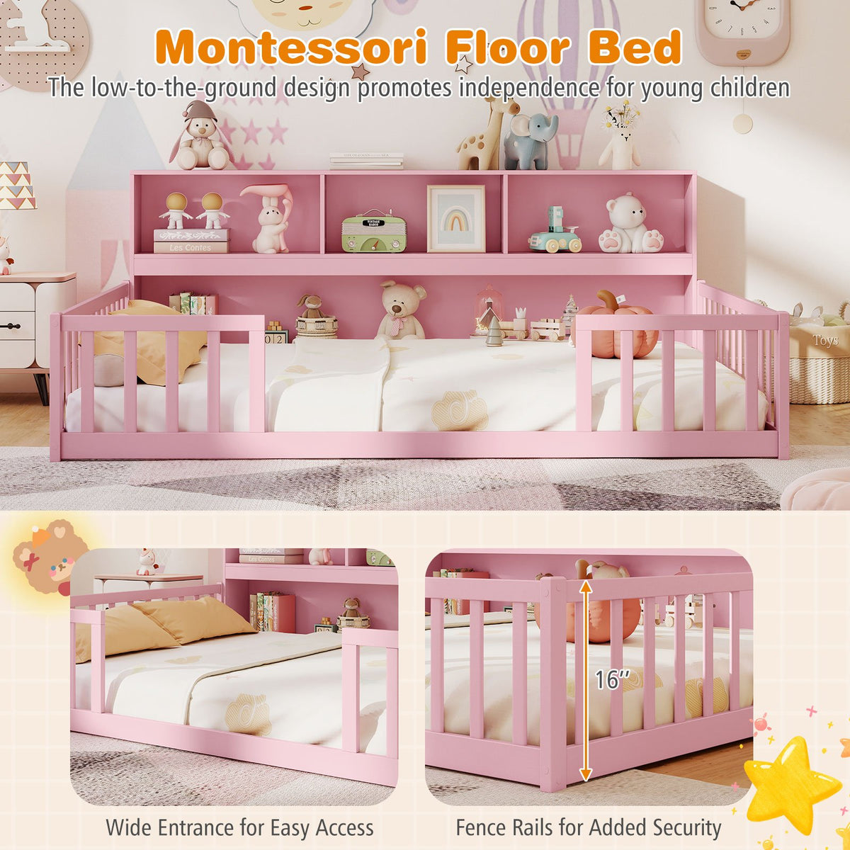 Full Size Montessori Floor Bed with Bookcase-Pink view 9
