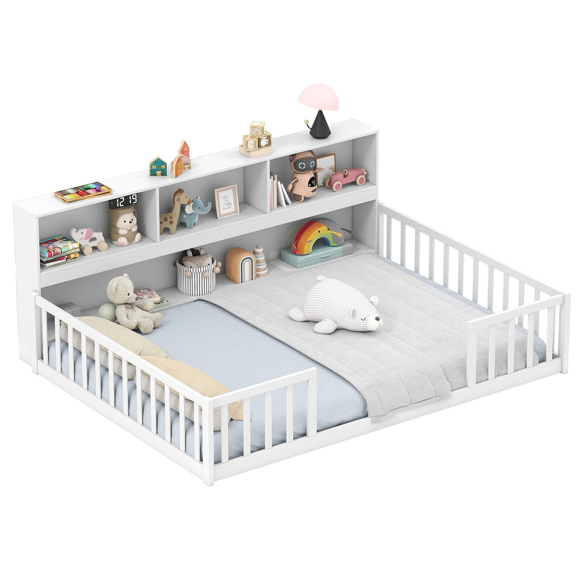 Full Size Montessori Floor Bed with Bookcase-White view 2