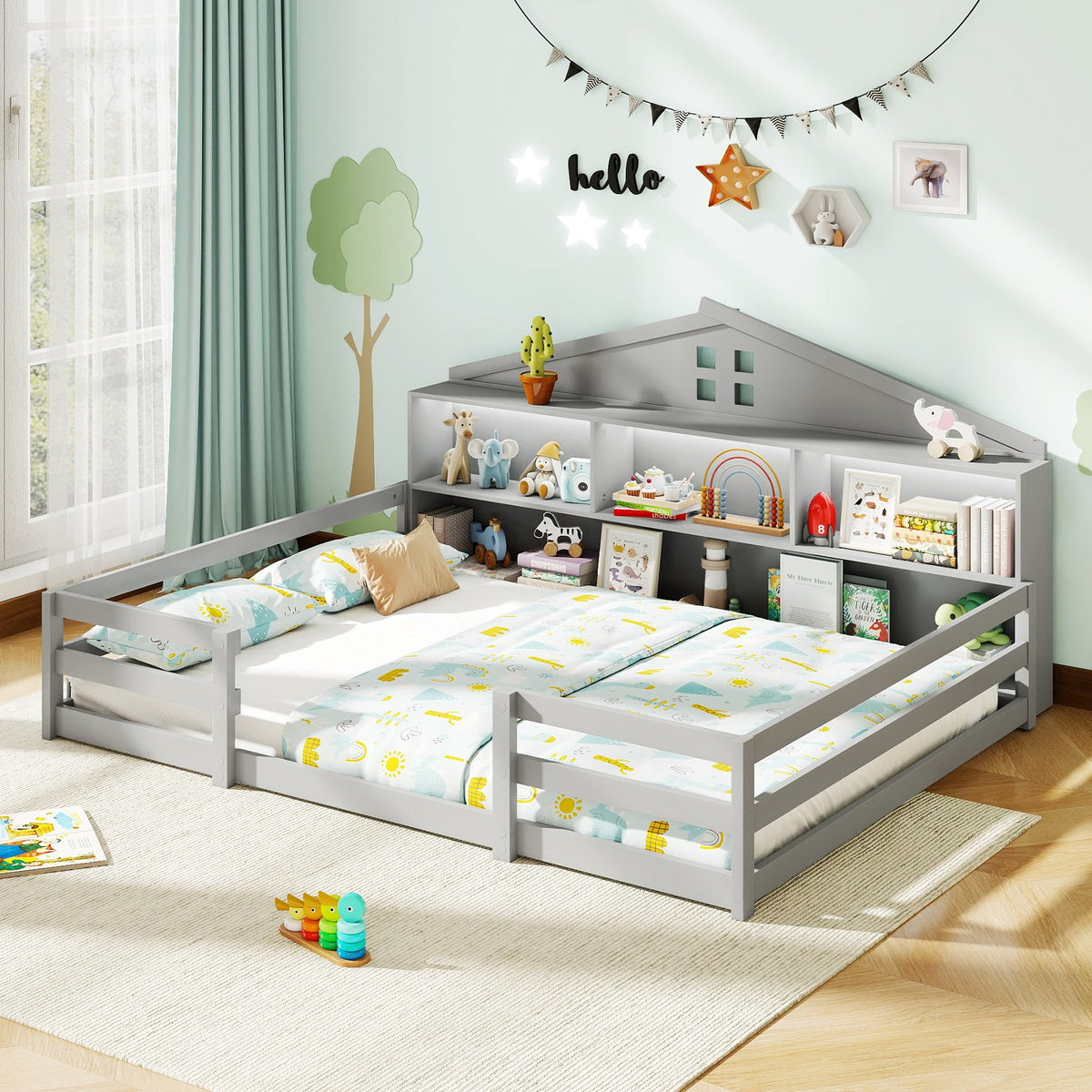 Full Size Montessori Floor Bed with Storage Compartments and Shelf-Gray view 2