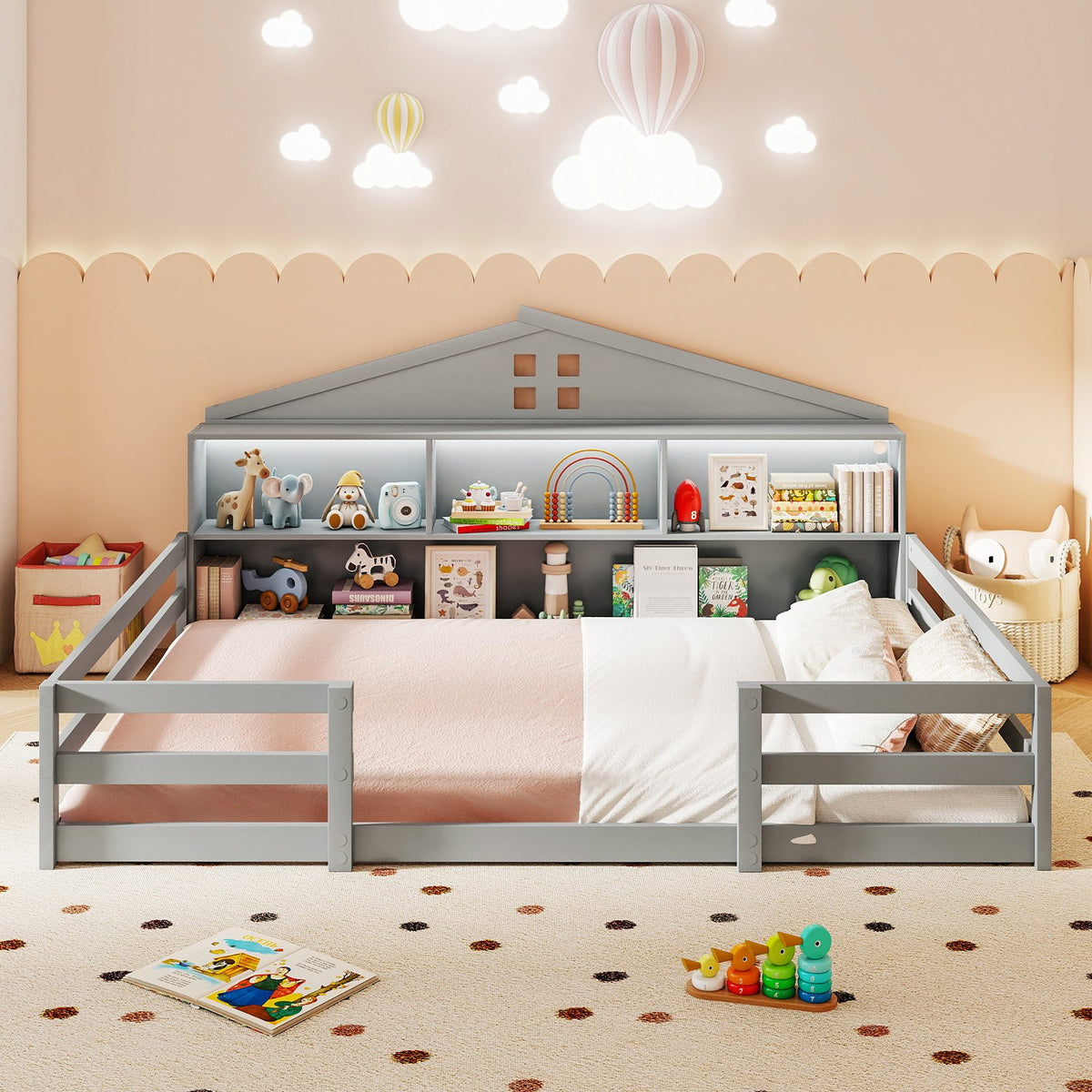 Full Size Montessori Floor Bed with Storage Compartments and Shelf-Gray view 3