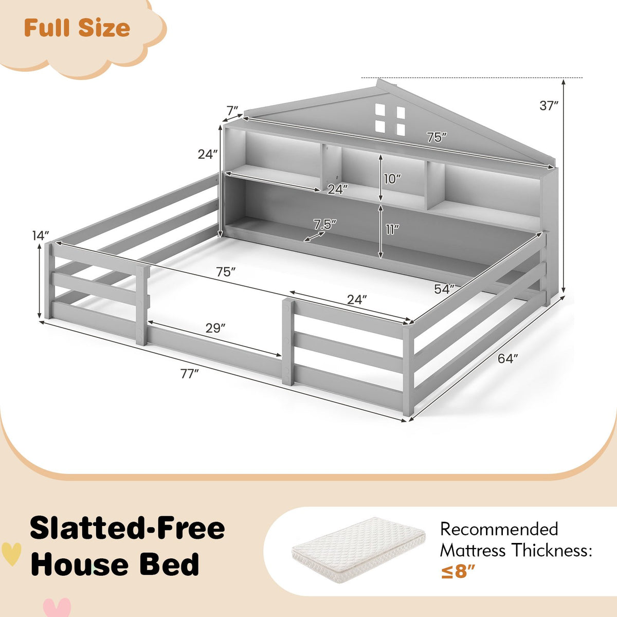 Full Size Montessori Floor Bed with Storage Compartments and Shelf-Gray view 4
